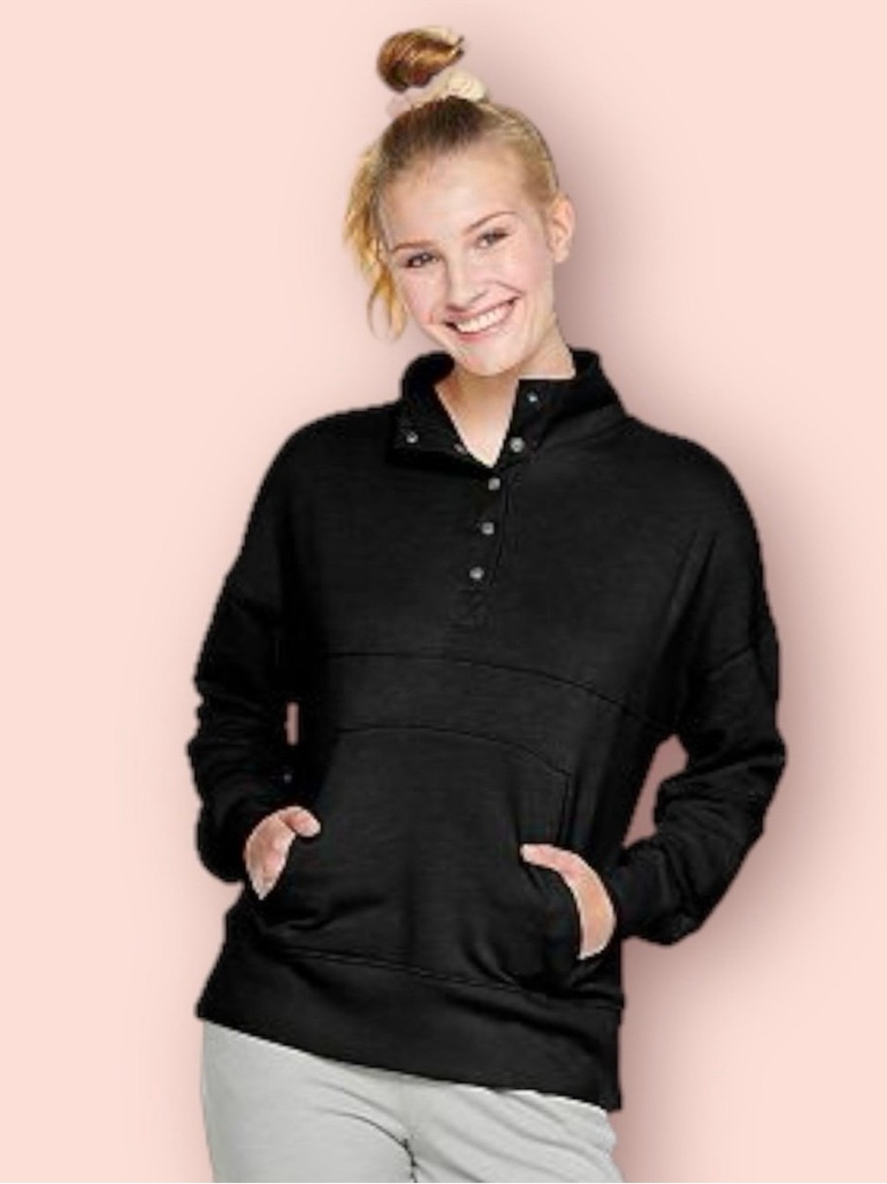 SO Black Snap-Button Pullover Hoodie